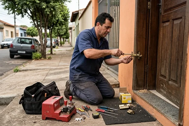 Chaveiro realizando a troca de uma fechadura em São Carlos.